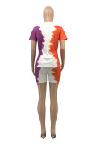 Powder Blue Fashion Casual Print Basic O Neck Short Sleeve Two Pieces