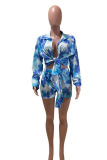 Blue Fashion Casual Print Tie Dye Bandage Turndown Collar Long Sleeve Two Pieces