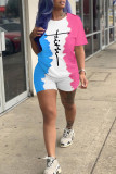Powder Blue Fashion Casual Print Basic O Neck Short Sleeve Two Pieces