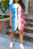 Powder Blue Fashion Casual Print Basic O Neck Short Sleeve Two Pieces