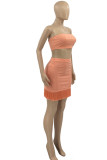 Yellow Sexy Casual Solid Tassel Patchwork Backless Strapless Sleeveless Two Pieces