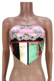 Pink Sexy Print Bandage Patchwork Backless Strapless Tops