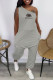 Grey Fashion Street Print Letter One Shoulder Jumpsuits