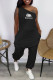 Black Fashion Street Print Letter One Shoulder Jumpsuits