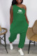 Green Fashion Street Print Letter One Shoulder Jumpsuits