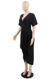 Black Fashion Casual Solid Split Joint V Neck Short Sleeve Dress