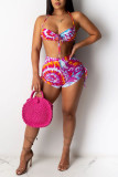Rose Red Sexy Print Bandage Patchwork Swimwears