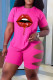 Pink Fashion Casual Lips Printed Ripped Hollowed Out O Neck Plus Size Two Pieces