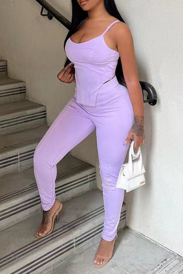 Purple Fashion Solid Patchwork Spaghetti Strap Sleeveless Two Pieces