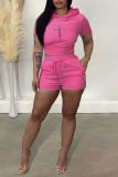 Pink Casual Print Backless Hooded Collar Short Sleeve Two Pieces