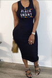 Red Fashion Sexy Letter Print Hollowed Out Fold O Neck Vest Dress