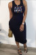 Black Fashion Sexy Letter Print Hollowed Out Fold O Neck Vest Dress