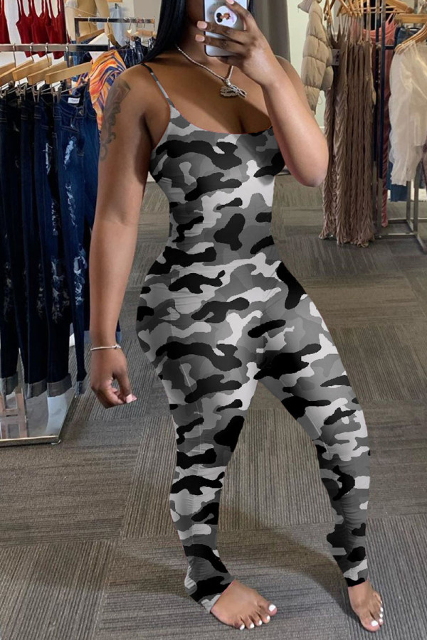 Grey Casual Print Patchwork Spaghetti Strap Skinny Jumpsuits