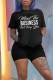 Black Casual Print Patchwork O Neck Short Sleeve Two Pieces