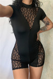 Black Fashion Sexy Patchwork See-through Half A Turtleneck Skinny Romper