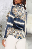 Multicolor Casual Print Patchwork Buckle Turndown Collar Tops