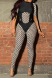 Black Fashion Casual Print Patchwork O Neck Skinny Jumpsuits