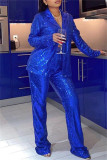 Red Fashion Casual Patchwork Sequins Turndown Collar Long Sleeve Two Pieces