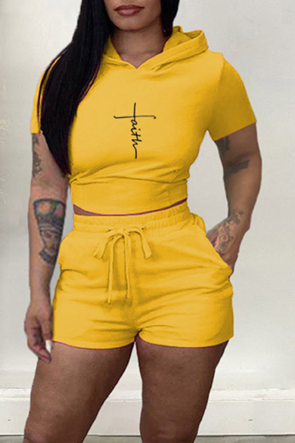 Yellow Casual Print Backless Hooded Collar Short Sleeve Two Pieces