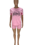 Pink Casual Print Patchwork O Neck Short Sleeve Two Pieces