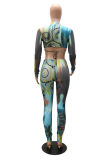 Blue Fashion Sexy Print Bandage Hollowed Out O Neck Long Sleeve Two Pieces