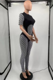 Black Fashion Casual Print Patchwork O Neck Skinny Jumpsuits