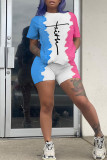 Powder Blue Fashion Casual Print Basic O Neck Short Sleeve Two Pieces