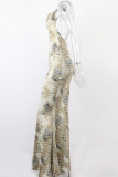 Khaki Sexy Print Patchwork Spaghetti Strap Trumpet Mermaid Dresses