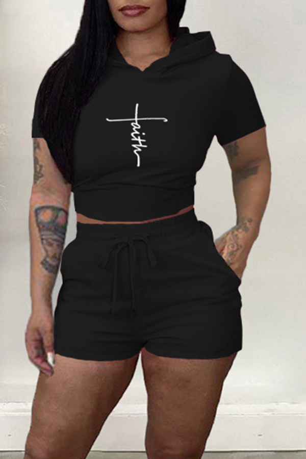 Black Casual Print Backless Hooded Collar Short Sleeve Two Pieces
