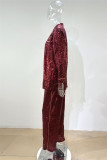 Red Fashion Casual Patchwork Sequins Turndown Collar Long Sleeve Two Pieces