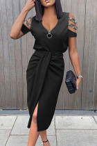 Black Fashion Casual Patchwork Hollowed Out V Neck Short Sleeve Dress