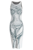 White Sexy Print Patchwork U Neck Vest Dress Dresses