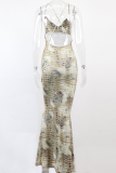 Khaki Sexy Print Patchwork Spaghetti Strap Trumpet Mermaid Dresses