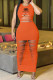 Orange Fashion Casual Print Ripped O Neck One Step Skirt Dresses