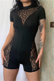 Black Fashion Sexy Patchwork See-through Half A Turtleneck Skinny Romper