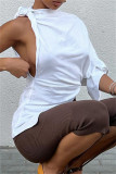 White Fashion Casual Solid Patchwork Asymmetrical O Neck T-Shirts