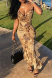 Khaki Sexy Print Patchwork Spaghetti Strap Trumpet Mermaid Dresses