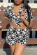 Black Fashion Casual Print Basic Turndown Collar Short Sleeve Two Pieces
