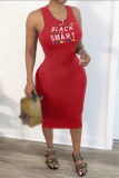 Red Fashion Sexy Letter Print Hollowed Out Fold O Neck Vest Dress