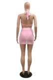Pink Sexy Patchwork Solid Bandage Hollowed Out Backless Hot Drill Halter Sleeveless Dress