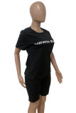 Black Fashion Casual Letter Print Patchwork O Neck Short Sleeve Two Pieces