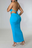 Light Blue Sexy Solid Bandage Patchwork Backless Fold Halter Sleeveless Two Pieces