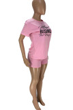 Pink Casual Print Patchwork O Neck Short Sleeve Two Pieces