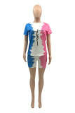 Powder Blue Fashion Casual Print Basic O Neck Short Sleeve Two Pieces
