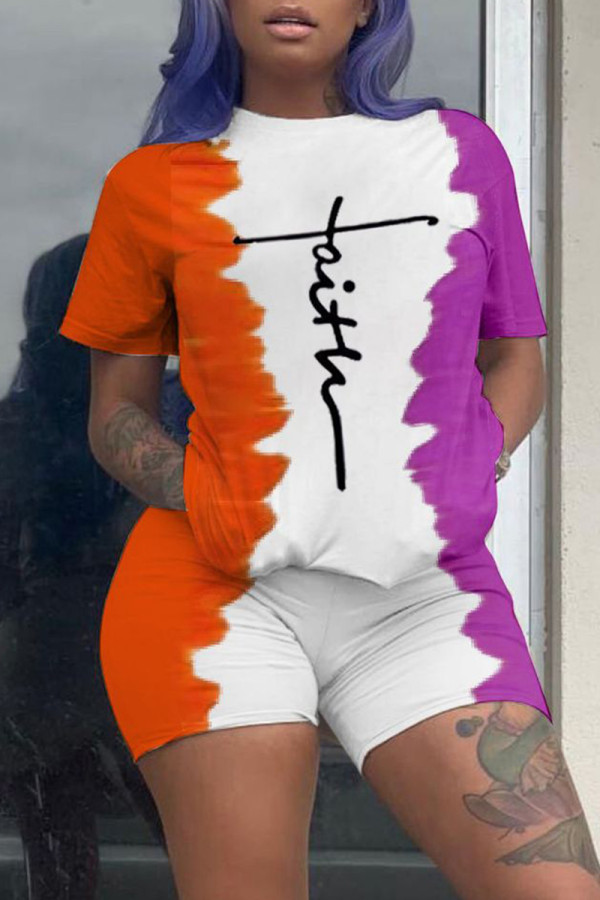 Orange Fashion Casual Print Basic O Neck Short Sleeve Two Pieces
