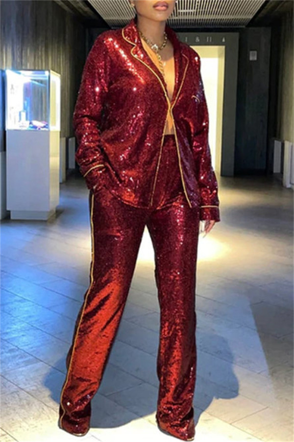 Burgundy Fashion Casual Patchwork Sequins Turndown Collar Long Sleeve Two Pieces