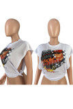 Grey Casual Street Print Bandage Hollowed Out Patchwork O Neck T-Shirts