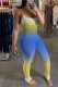 Yellow Blue Casual Print Patchwork Spaghetti Strap Skinny Jumpsuits