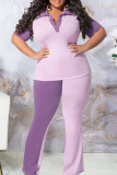 Purple Fashion Casual Solid Split Joint Turndown Collar Plus Size Two Pieces