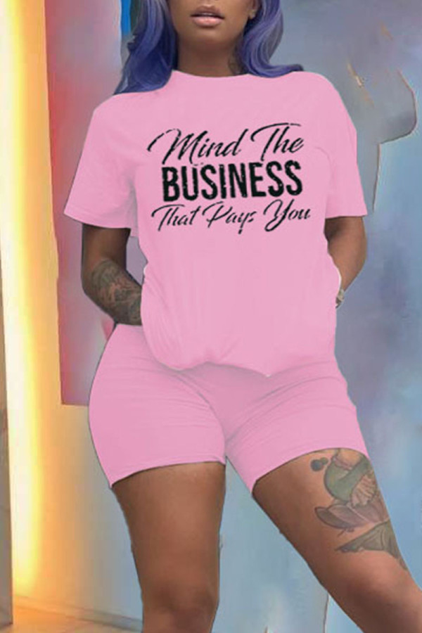 Pink Casual Print Patchwork O Neck Short Sleeve Two Pieces